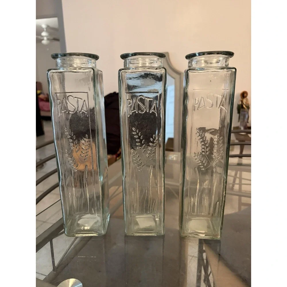Lot of 3 Vintage Clear Glass Spaghetti Pasta Storage Jars Embossed Wheat 12